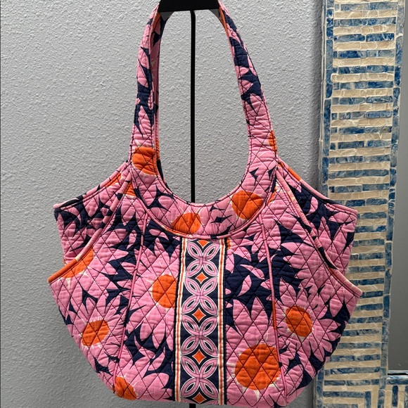 Vera Bradley Loves Me Daisy Side by Side Pink and Orange Quilted Tote Bag EUC - Picture 2 of 8